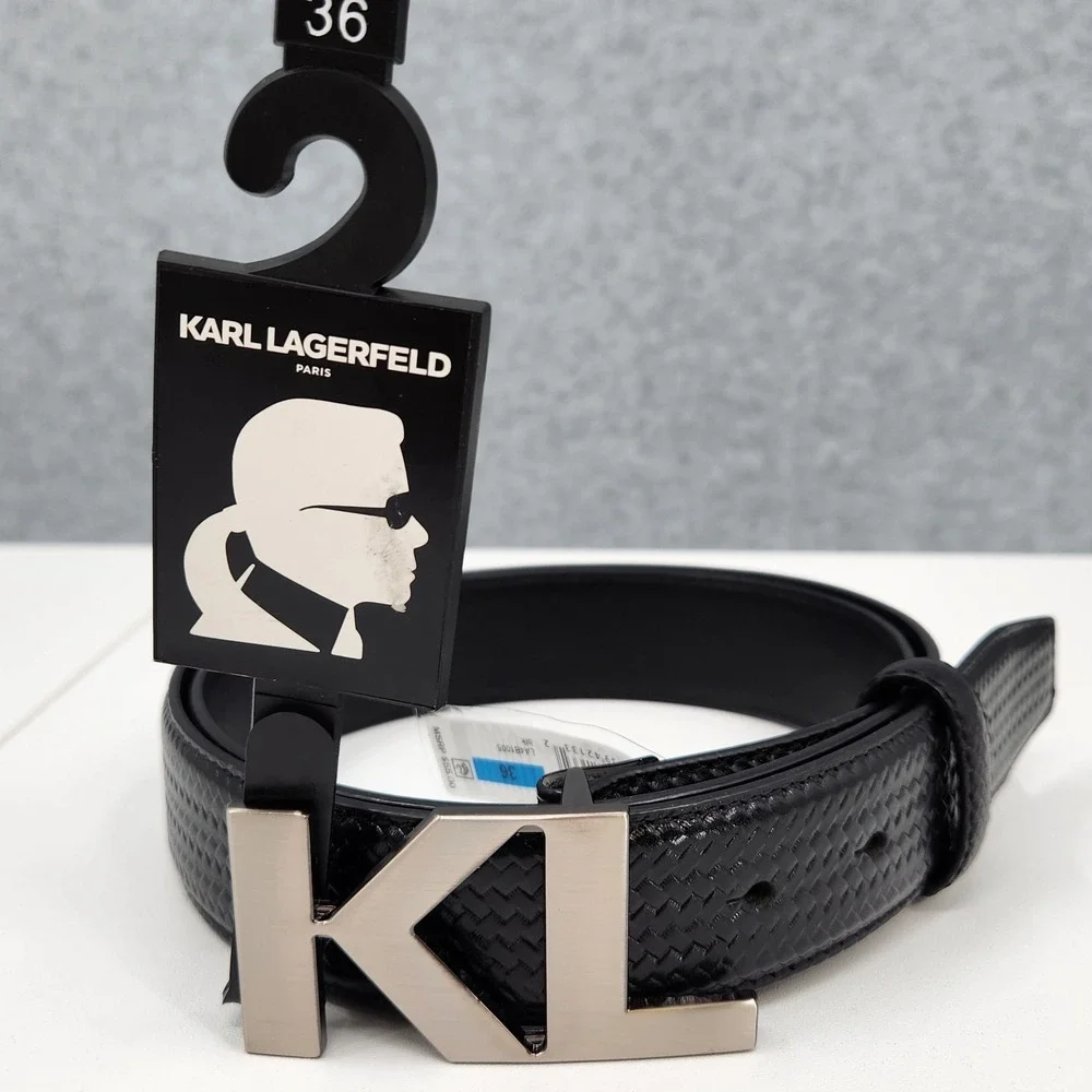 Karl Lagerfeld Paris KL Logo Black Genuine Leather Textured Belt Mens 36 NWT
